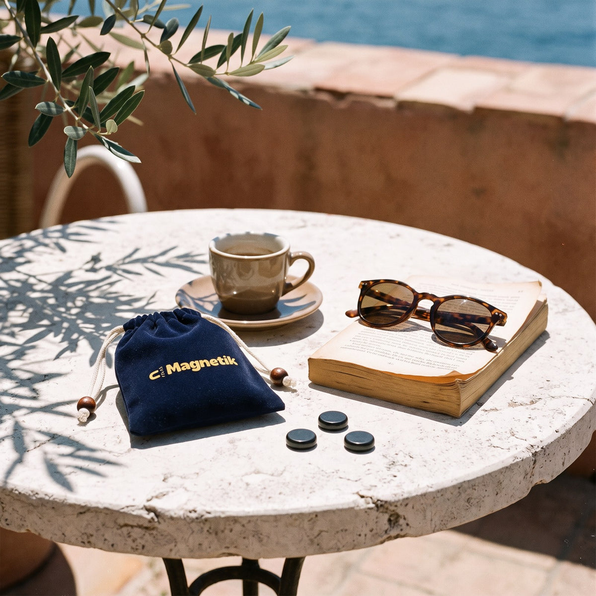 La pochette Magnetik sur une table de terrasse