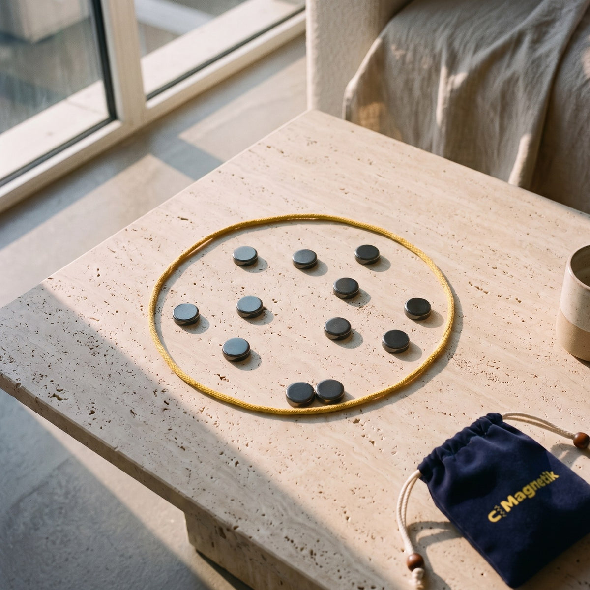 Jeu Magnetik : corde jaune et pierres aimantées sur une table basse