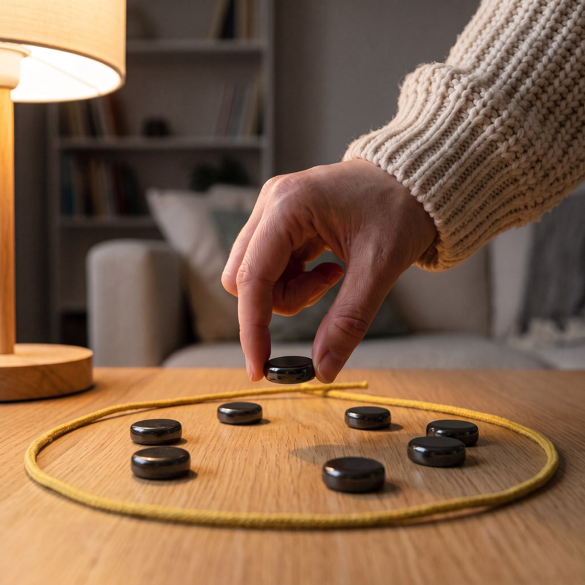 Une main pose une pierre dans le cercle