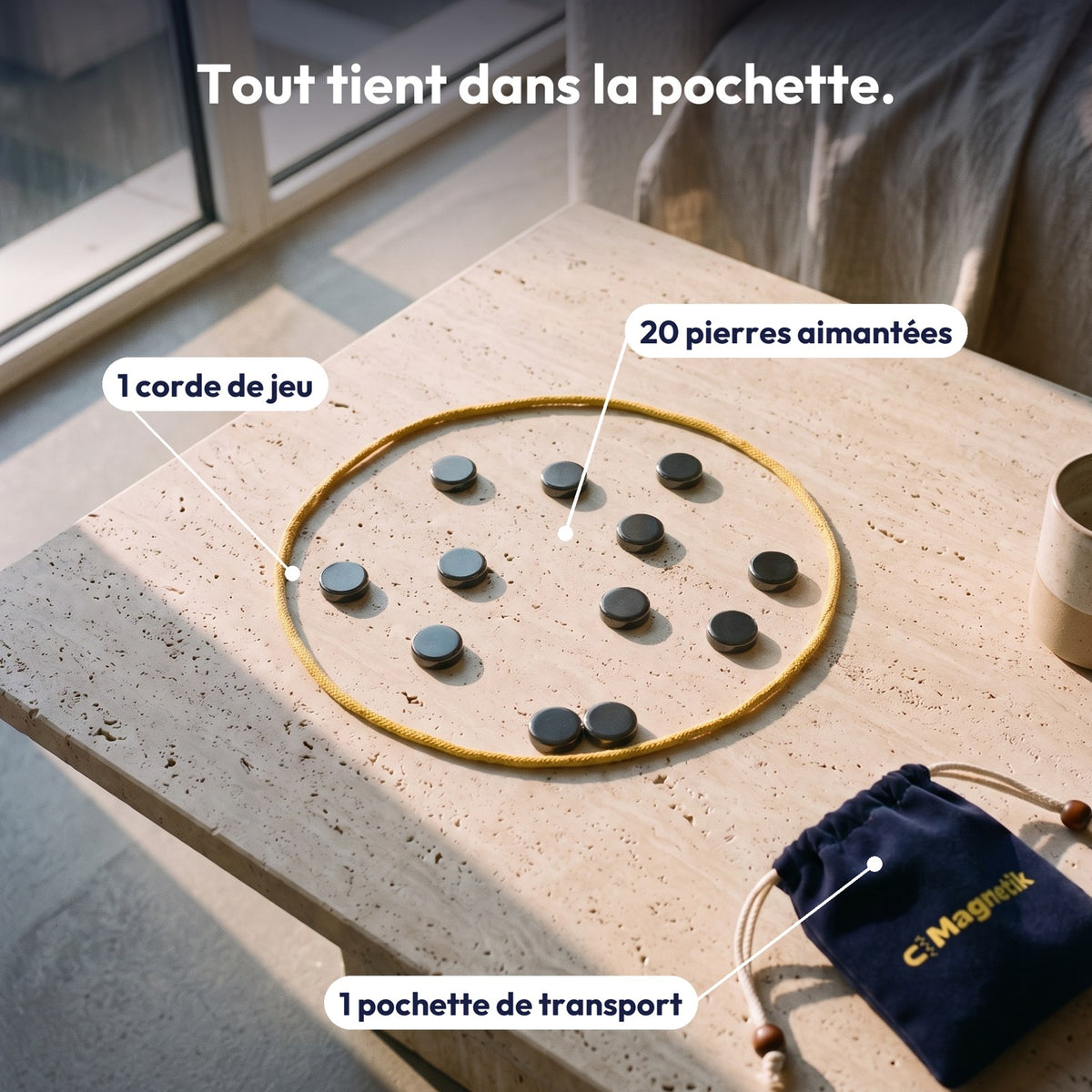 Contenu : 20 pierres aimantées, 1 corde, 1 pochette